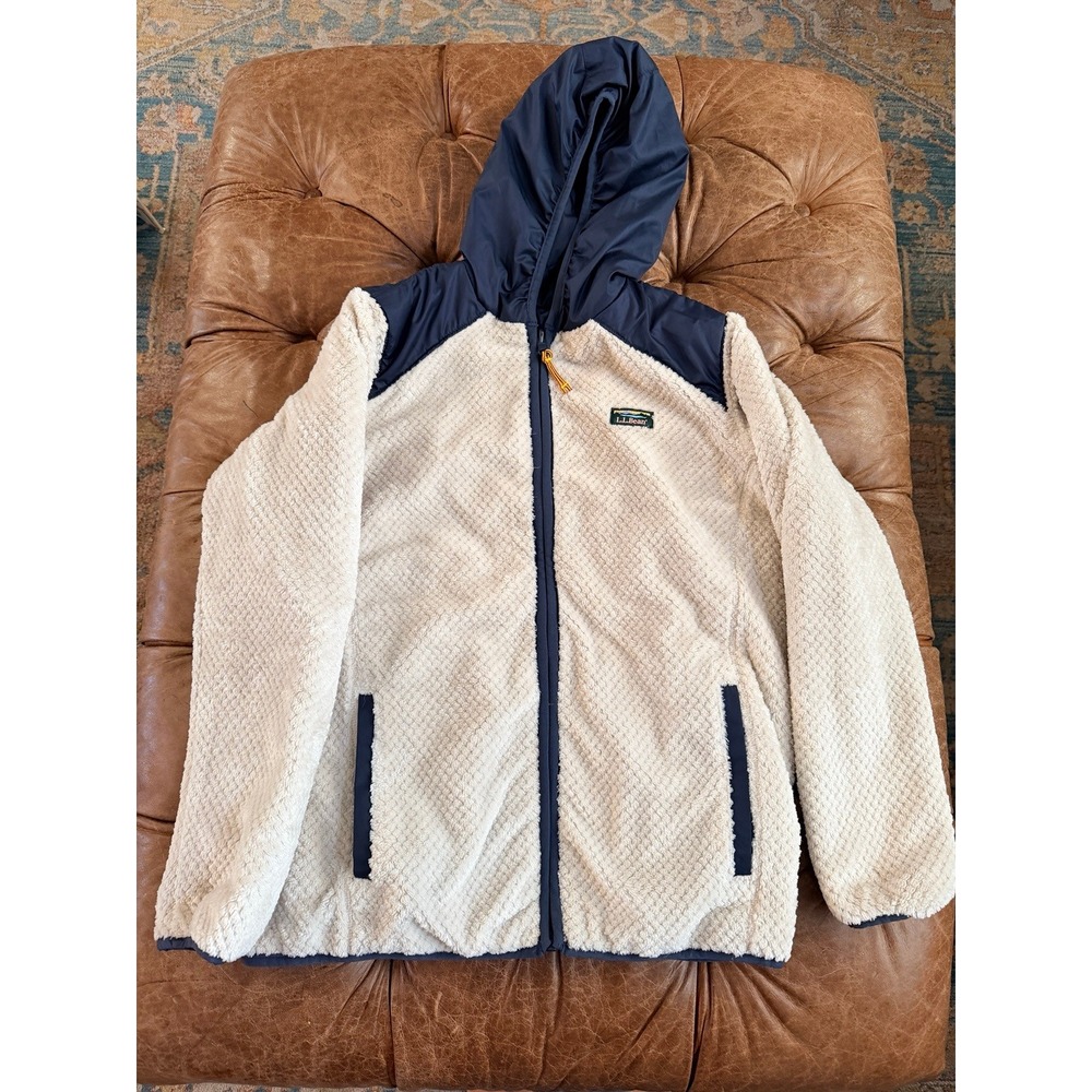LL Bean Kids Reversible PrimaLoft Hooded Jacket Fleece Puffer Navy Cream L 14-16